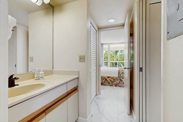 Bright bathroom vanity with convenient counter space
