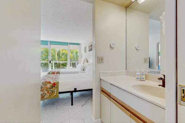 Bright bathroom vanity with convenient counter space