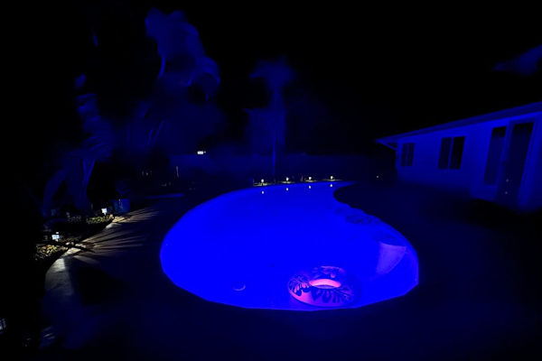 Night pool glows blue beside dark garden silhouettes and home