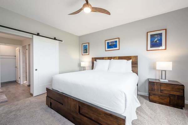 Comfortable bedroom with warm decor and plenty of natural light