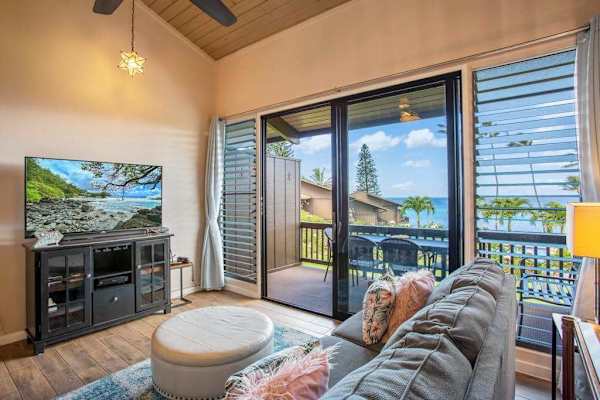 Living space with flat screen tv, sleeper sofa and view of the tropics