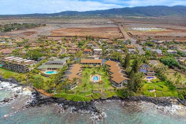 Aerial views of Mahina Surf Resort and the Hawaiian Coastline. 