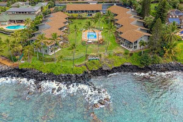 Aerial views of Mahina Surf Resort and the Hawaiian Coastline. 