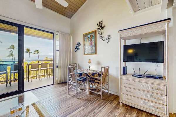 Fully remodeled living room with a flat screen tv for relaxing in the evening.  