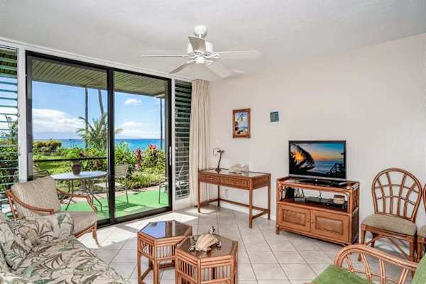 Living room with comfortable sofa bed and a flat screen tv for your enjoyment.