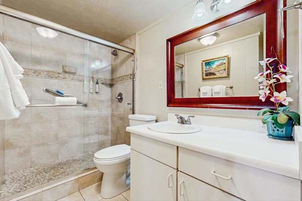 Primary bathroom walk in tiled shower.