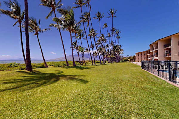 Lush grassy lawns surrounded by beautiful tropical trees create a peaceful island setting.