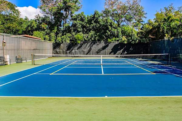 Enjoy a game on the tennis court surrounded by tall tropical trees and a beautiful natural setting