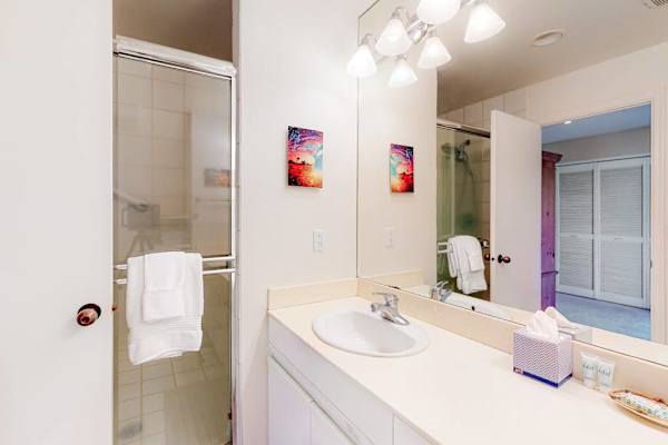 Bathroom vanity area includes mirror sink shower and colorful artwork