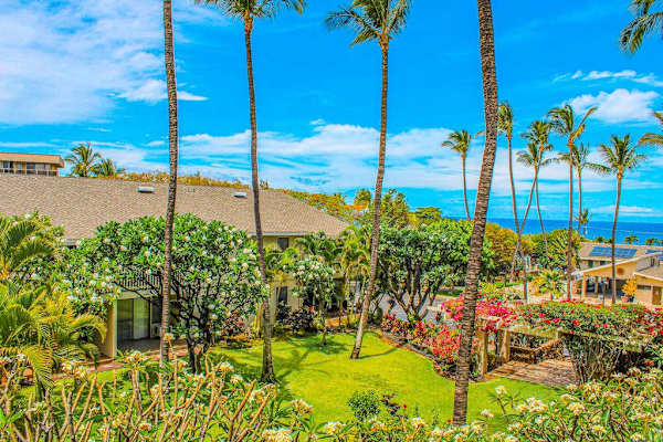 Elevated View of Tropical Gardens, Lawn & Ocean Horizon