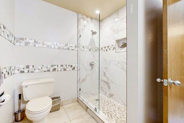 Modern Walk-In Glass Shower Enclosure with Mosaic Tile Accents