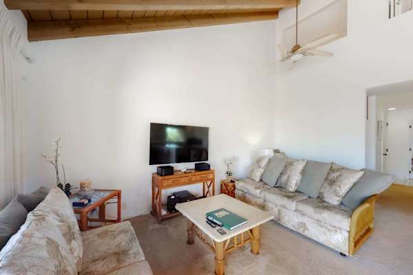 Living room seating and television overlook lush tropical garden scenery