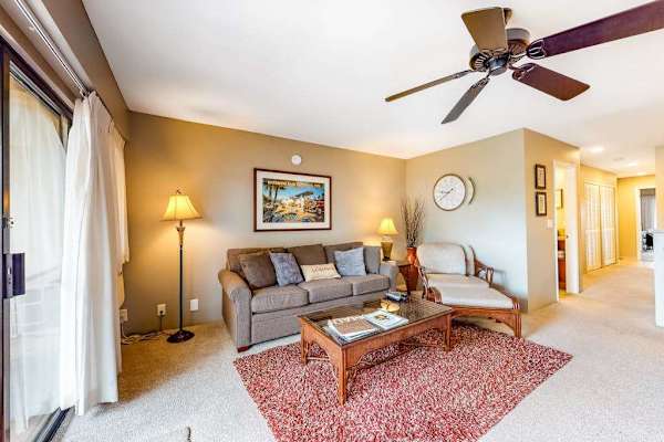 Warm living room setting blends comfortable furniture with island light