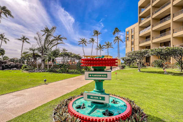 Tropical courtyard with the iconic sugar mill wheel