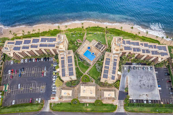 Aerial view of Sugar Beach Resort and the Hawaiian Coastline