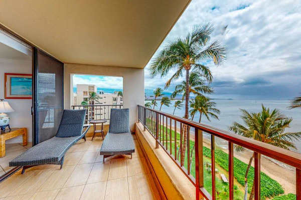 Picturesque views from your penthouse lanai.  This large lanai has plenty of space for morning coffee or relaxing on your chaise lounger.