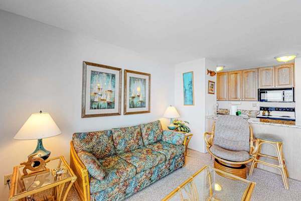 Open living room with lots of natural light and a sofa bed for extra company.
