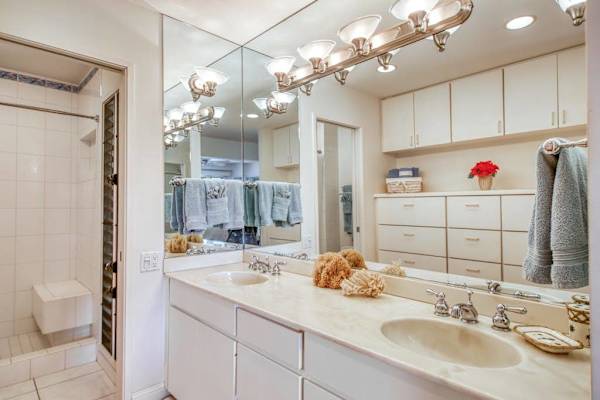 Primary Bathroom Vanity with Double Sink, Ample Lighting, and Walk-in Shower