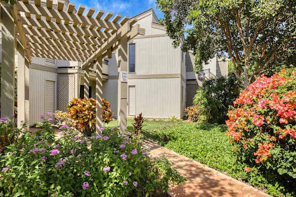 Garden Walkway Passing Under Pergolas Surrounded by Flowering Shrubs