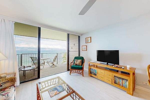 Bright Coastal Living Room With Oceanfront Lanai