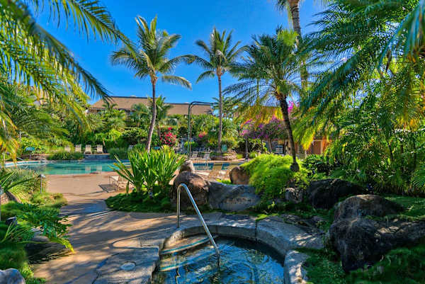 Peaceful hot tub surrounded by tropical gardens