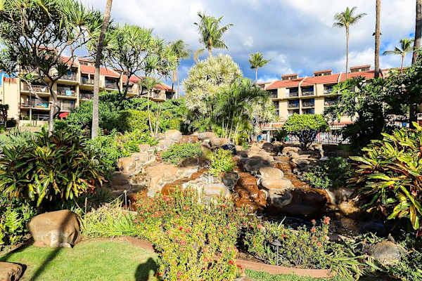 Enjoy the peaceful resort gardens surrounded by tropical plants and a charming rock waterfall
