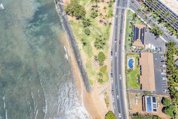 Aerial coastal view showing the shoreline and roads