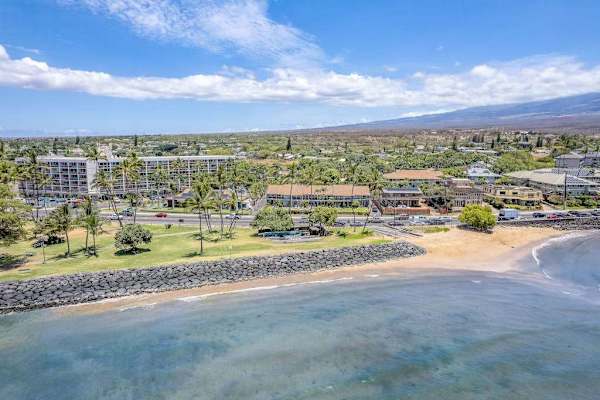 Aerial view of the resort community by the bay