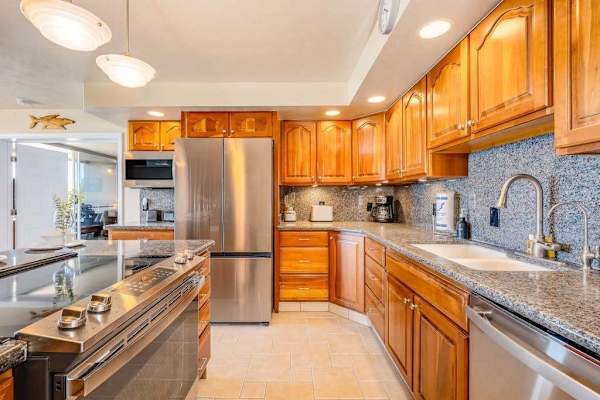 Fully equipped kitchen with wooden cabinetry and modern appliances