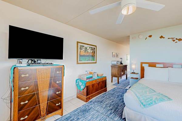 Living area featuring a Queen bed and a dresser with a television.