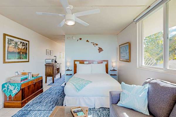 Living area featuring a Queen bed and a dresser with a television.