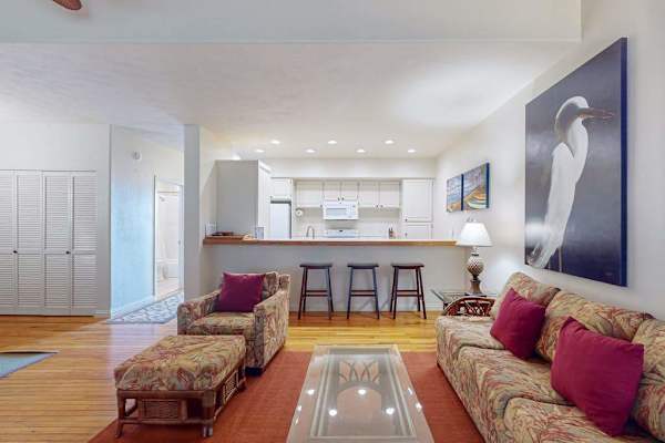 Spacious living room welcomes abundant daylight through impressive glass walls and open design