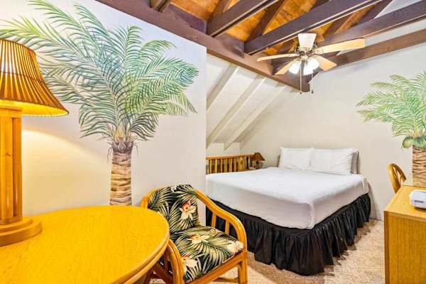 Elevated loft queen bed provides comfortable sleeping area with relaxing ambiance throughout