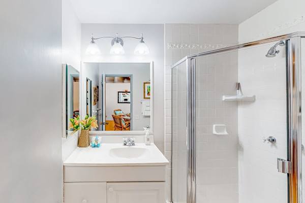 Bathroom includes glass shower, vanity, mirror, towels, and decorative accents