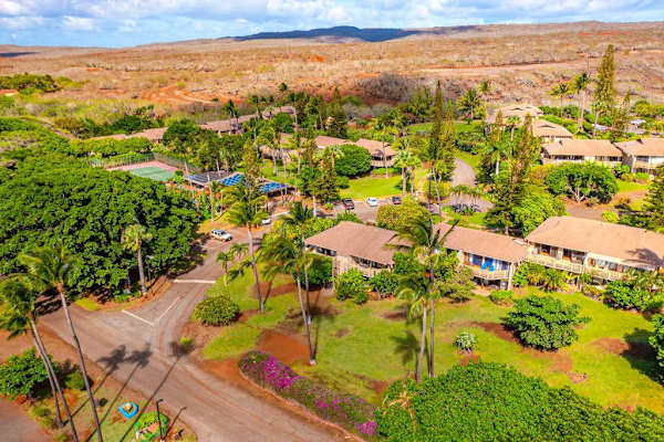 Aerial neighborhood view showcases tropical homes, rolling hills, island greenery