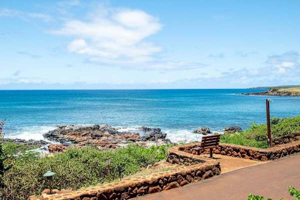 Coastal path follows rocky shoreline beside turquoise water and palms
