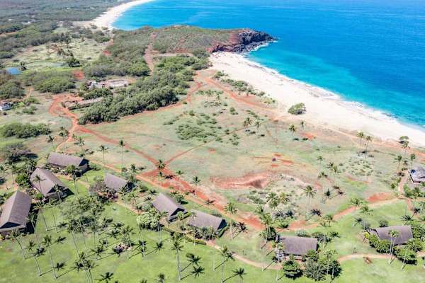 Aerial coastline view reveals beaches, paths, lawns, palms, and buildings