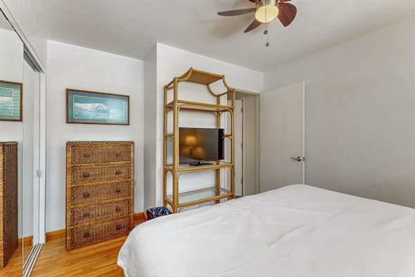 First bedroom shows bed, dresser, ceiling fan, shelving, and artwork