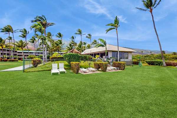 Expansive resort lawn offers palms, seating, buildings, and mountain views