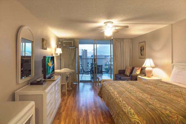 Relax in this comfortable studio while enjoying beautiful city views from your stay.