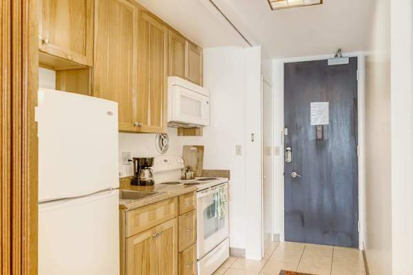 Efficiency Kitchen Layout Facing Apartment Entrance Door