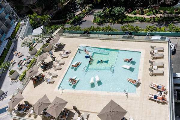Overhead view reveals the welcoming shared pool ready for relaxing vacation days