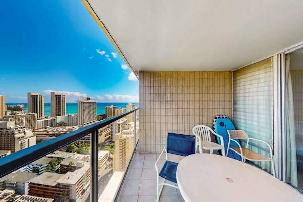 Enjoy city and ocean views from the sunny balcony