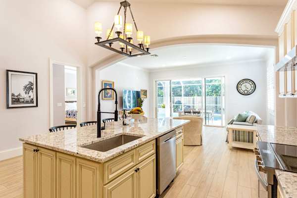 Open kitchen with premium upscale appliances.