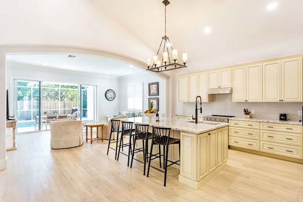 Open kitchen with premium upscale appliances.