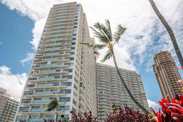 Exterior view of the iconic Ilikai Hotel in Oahu, Hawaii, your gateway to oceanfront living and Waikiki convenience.
