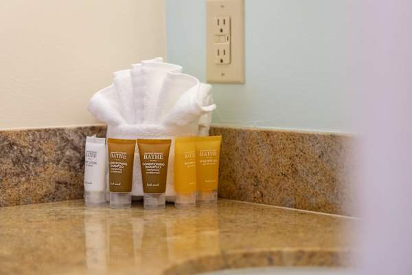 Toiletries and bathroom essentials are also provided for guests' convenience.