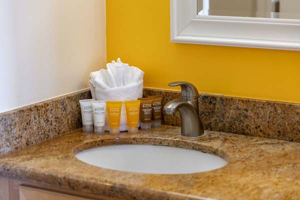 Toiletries and bathroom essentials are also provided for guests' convenience.
