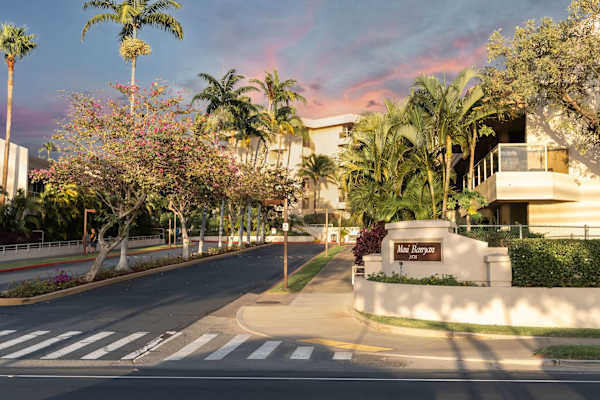 Get welcomed by the edifice of the Maui Banyan building with the stunning sunset and nature as it backdrop.