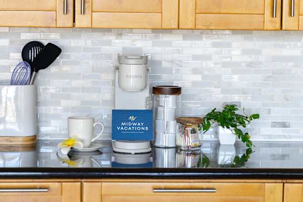 Prepare your morning coffee in the provided coffee station in the kitchen